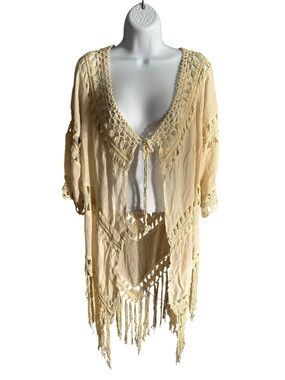 Boho Crochet Fringe Kimono Cardigan in Light Beige. CL/GR03